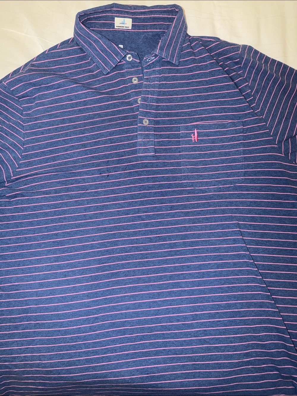 johnnie-O Navy Polo with Pink Stripes and Logo